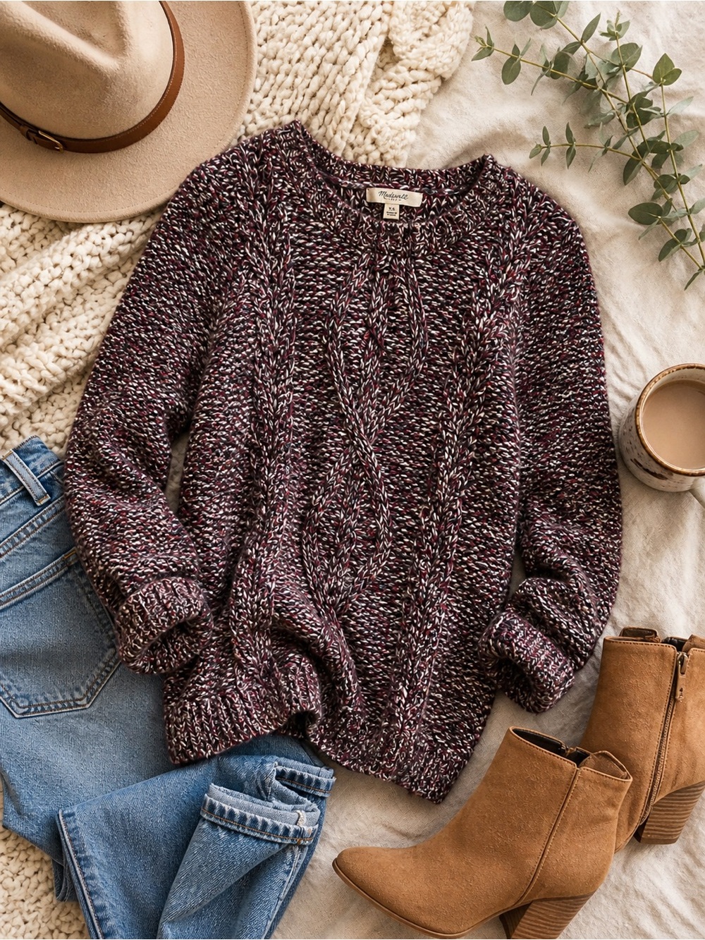 Madewell Firelight Marled Sweater XS Cozy Knit Pullover Burgundy Brown Crewneck